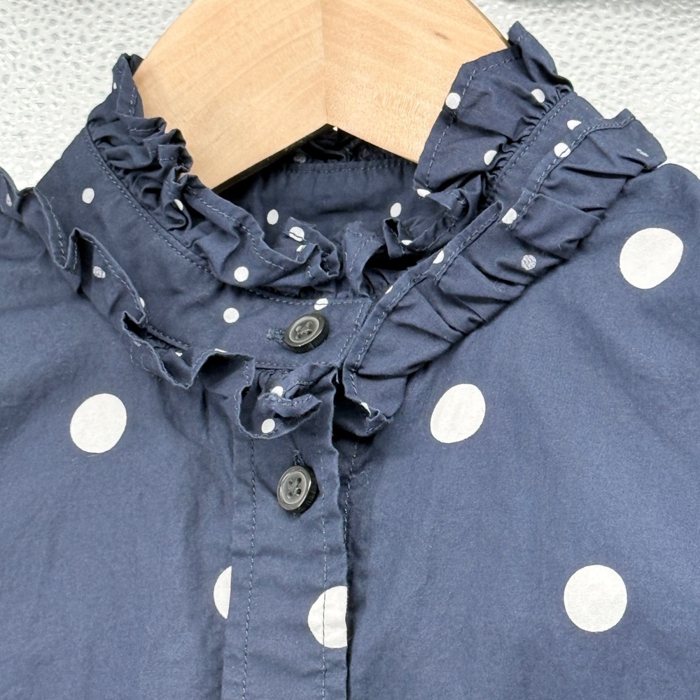 J. Crew Navy/White Polka Dot Ruffle Collar Classic Fit Button Down Shirt Size 2 - Picture 2 of 10